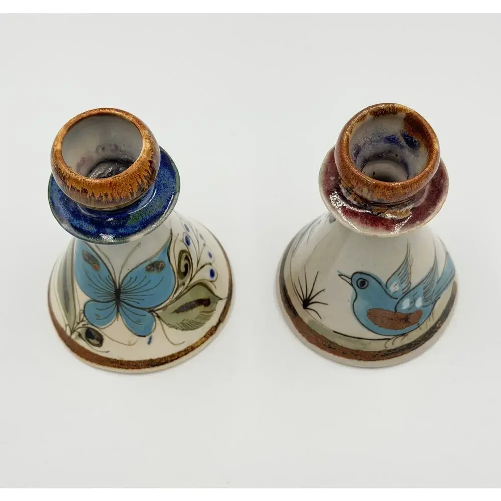 Folk-Art Ken Edwards Palomar Tonala Pottery Hand Painted 2pc Set Candle Holders